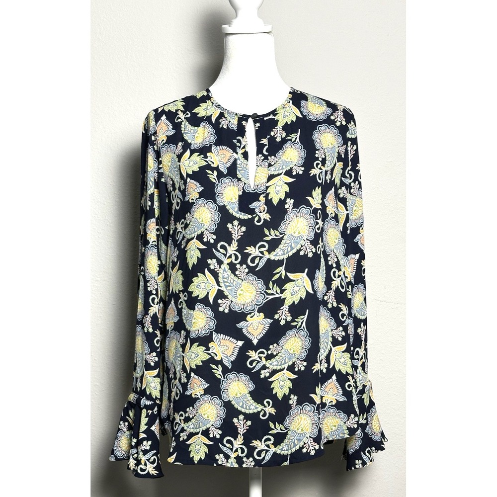 Loft Women's Top Navy Paisley Blouse Top Bell Sleeves Size XS